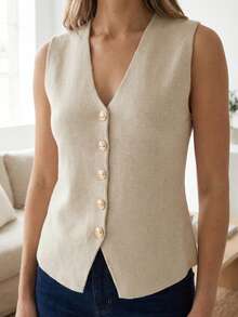 Chaleco de punto para mujer, tejido suave, corte largo sin mangas, cuello en V, botones frontales grandes, prenda versátil para looks elegantes y casuales para la oficina o una salida - Avena - Ver 1