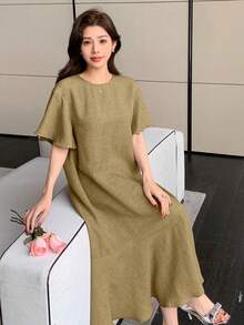 DAZY Solid Color Round Neck Ruffle Hem Mid-Length Dress For Women Sundress Summer - Green - View 4