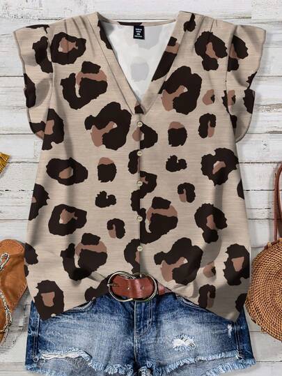 EMERY ROSE Plus Size Women Casual Leopard Print Cap Sleeve Shirt, Suitable For Summer