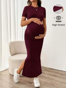 SHEIN Maternity Solid Color Round Neck Raglan Short Sleeve Fitted Split Hem Dress - Burgundy - View 5