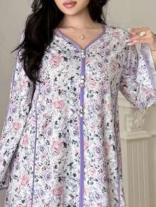 Al Najma Plus Size Women Elegant Floral Print Split Sleeve Arabic Style Dress - Multicolor - View 1