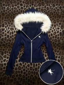 Glimmora 毛领连帽衫，绒毛领卫衣，女式卫衣，街头风上衣，街头女装，Y2K，姐妹款，秋季女装，当下流行，时尚上衣，美学卫衣，送给姐妹的礼物 - 藏蓝色 - 查看 1