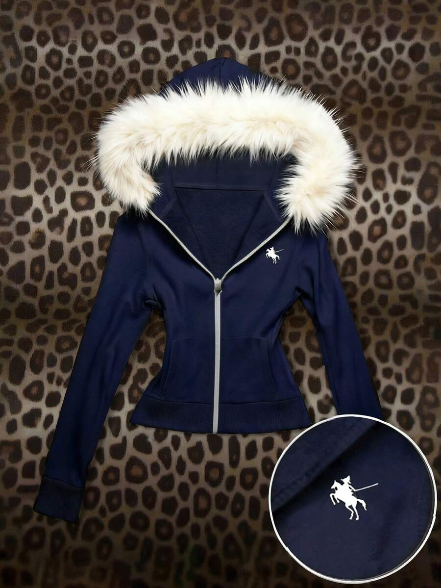 Glimmora 毛领连帽衫，绒毛领卫衣，女式卫衣，街头风上衣，街头女装，Y2K，姐妹款，秋季女装，当下流行，时尚上衣，美学卫衣，送给姐妹的礼物 - 藏蓝色 - 查看 1