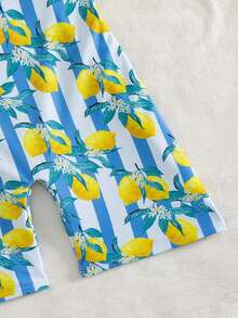 Swim SPRTY 新款女士优雅复古 Y2K 运动风连体泳衣 - 蓝白条纹柠檬印花无袖平角连体衣 - 顺滑弹力速干透气轻盈面料，修身显瘦，充满活力的夏日水果风情 - 完美适用于夏季度假、冲浪、泳池派对、海滩假期、度假村及热带之旅 - 彩色 - 查看 8