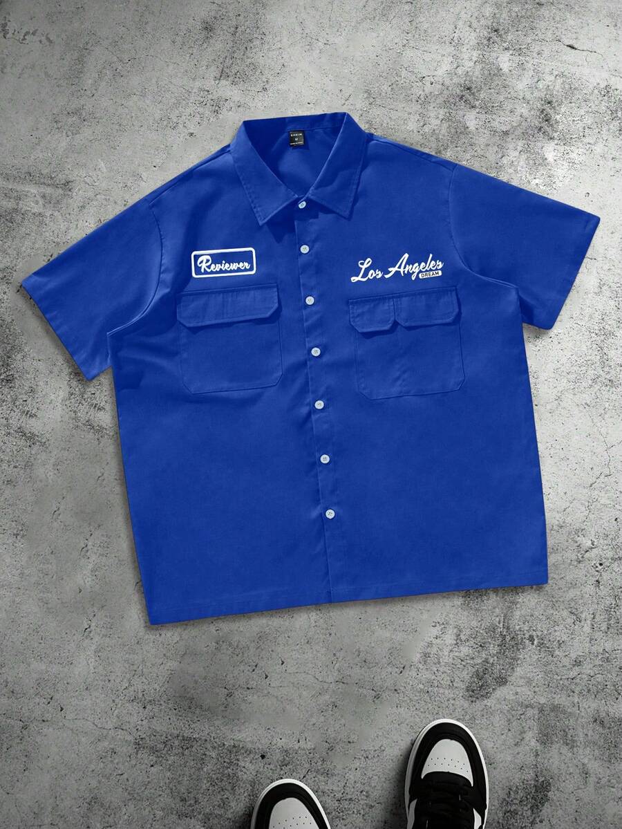 Manfinity Roghcode Manfinity Streetrush Men's Loose Fit Utility Pocket Design Casual Shirt, Blue Button-Up Short Sleeve Multi Shirt, Button Up Men Shirt, Street - Royal Blue - View 1