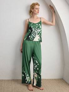 Ocili 两件套波西米亚风缎面豹纹蕾丝简约垂褶领吊带背心和裤子舒适女士睡衣套装 - 墨綠色 - 查看 6