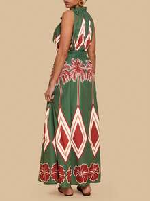 Travachic Plus Size Bohemian Style Apricot Retro Print Halter Dress With Belt, Loose Casual Resort Wear - Green - View 2