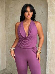 Rustia Mono sin espalda con cuello halter para mujer talla grande - Morado - Ver 6