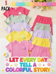 10件套针织短袖短裤套装，色彩缤纷的多件套女童日常休闲装，基础款T恤套装，3D立体花卉图案，可爱舒适，适合休闲运动、叠穿、户外搭配 - 彩色 - 查看 1