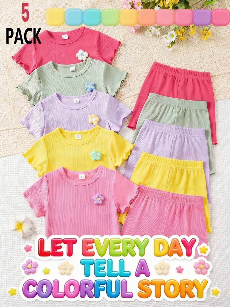 Bộ 10 món áo thun ngắn tay và quần short dệt kim, nhiều màu sắc, trang phục thường ngày thoải mái cho bé gái, áo thun cơ bản, họa tiết hoa 3D, dễ thương và thoải mái, phù hợp cho các hoạt động thể thao giải trí, phối đồ nhiều lớp, phối đồ ngoài trời. - Nhiều màu - Xem 1