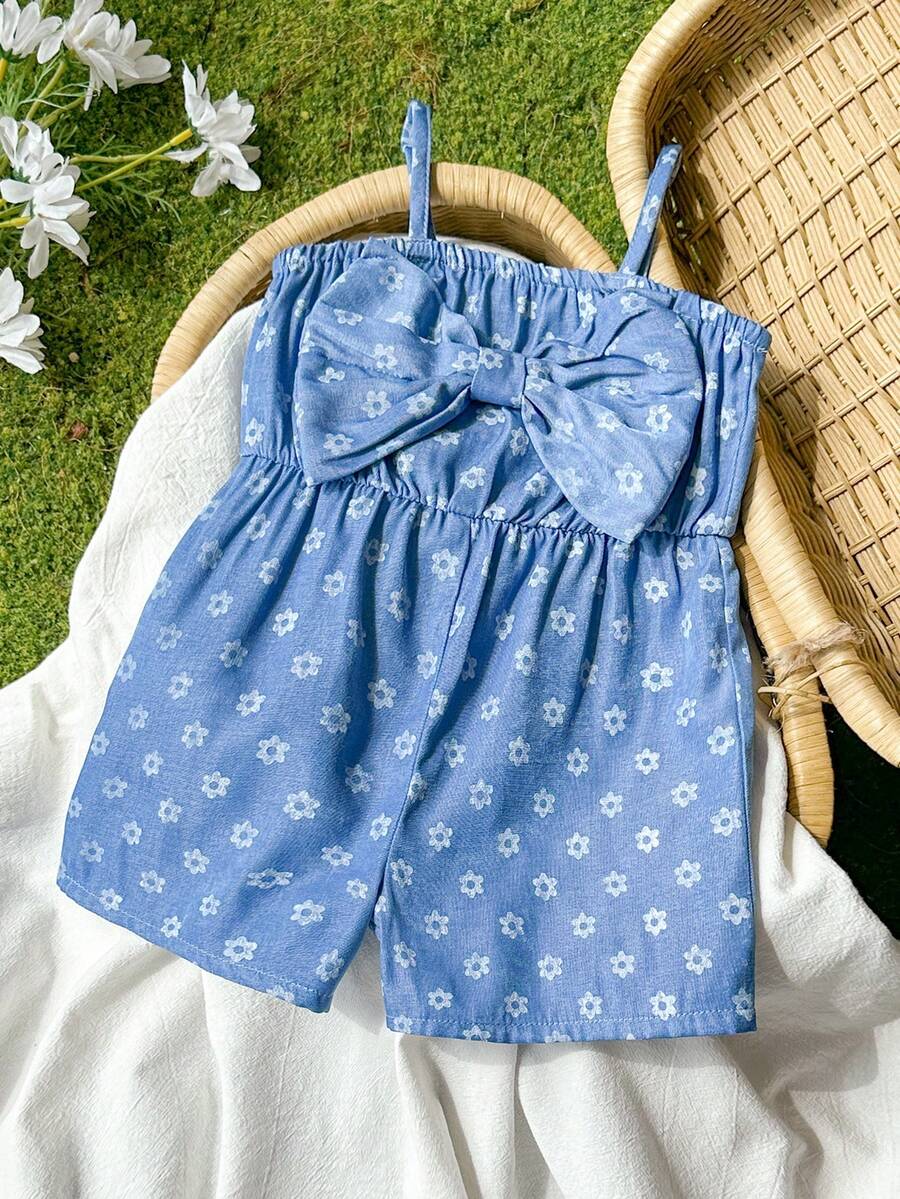 Vintaside Kids Babygirl Cute Casual Summer Blue & White Striped Bow Strap Romper - Blue - View 1