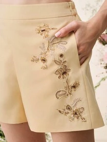 Anewsta 女士休闲优雅刺绣串珠短裤 - 黃色 - 查看 2