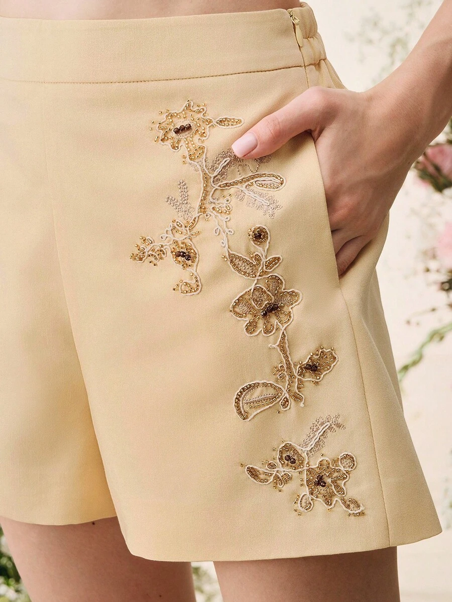 Anewsta Women's Casual Elegant Embroidered Beaded Shorts - Yellow - View 1