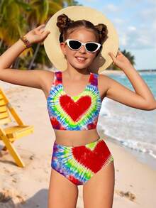 SHEIN 少女休闲简约爱心印花吊带泳衣套装，适合夏季穿着 - 彩色 - 查看 2