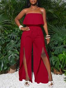 SHEIN Slayr 新款休闲度假无肩带高开衩连体裤 - 紅色 - 查看 5