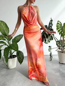 RiviMae Women's Halter Neck Cami Draped Maxi Dress Orange Plants Pattern Slit Hem - Orange - View 7