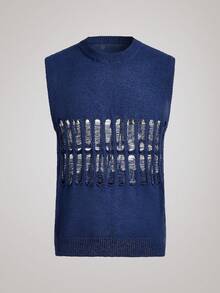 AXEPEAK Men's Solid Color Crew Neck Sleeveless Hollow-Out Knit Top - Blue - View 3