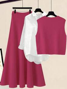 Franclia 秋冬新款宽松碎花圆领无袖针织背心搭配碎花灰色A字针织中长裙，女士两件套毛衣套装 - 玫紅色 - 查看 3