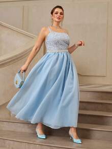 VOLUPTÉ CURVE Plus Size Summer Sky Blue Lace Cinched Waist Patchwork Spaghetti Strap Top Fairy Elegant Long Dress For Engagement Partys, Parties, Prom, Graduation - Blue - View 10