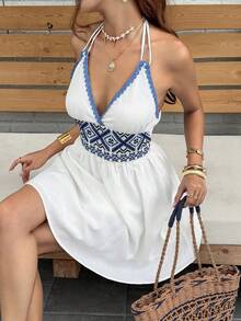 SHEIN Frenchy Women's Summer Casual Geometric Webbing Halter Mini Dress, Dresses For Women, Dress For Woman, Beach Holiday Vacation Outfit For Women Dress, Zanea Dress For Woman, Yisikado Dress Sun Dresses For Women Boho Holiday White And Blue - Baby Blue - View 5