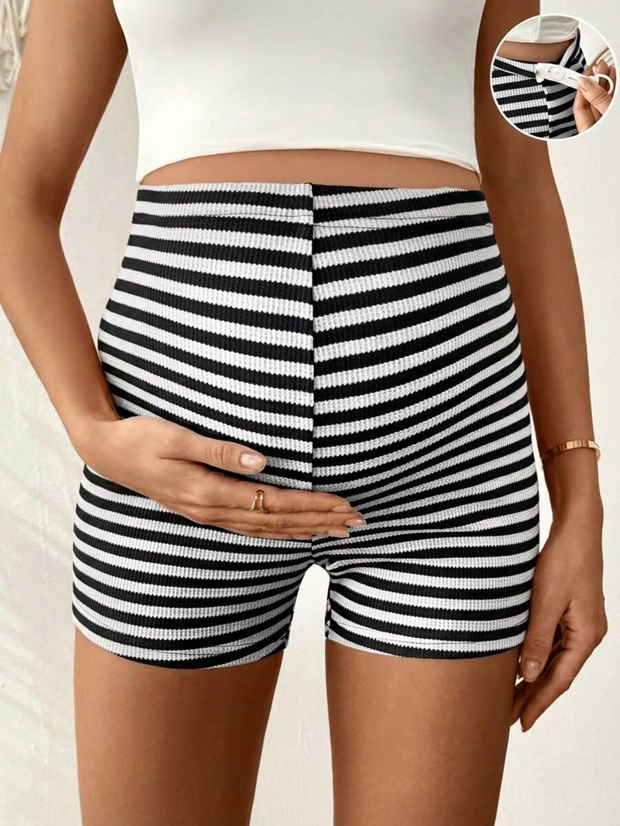Lyckli Maternity Colorblock Striped Casual Shorts - Black and White - View 1