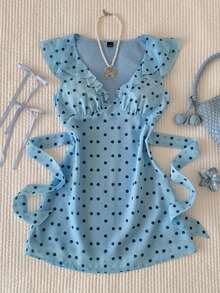 Comfortcana 女士波点印花荷叶边短裙 - 藍色 - 查看 7