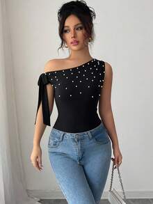 Selianne Women's Asymmetrical Shoulder Bowknot Black , Summer, Elegant, Party Night Fitted Top, White Faux Pearl Holiday Top, Carnival - Black - View 5