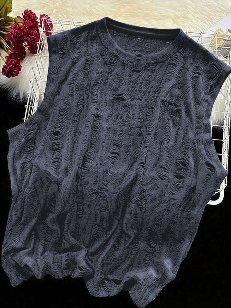 Manfinity Roughcore Camiseta de tirantes sin mangas de cuello redondo con textura desgastada y jacquard de estilo callejero para hombre, moda de vacaciones - Azul - Ver 1
