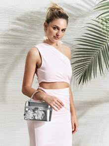 SHECARRY 女士时尚优雅手提包，立体花朵装饰，情人节、新年礼物 - 銀色 - 查看 8