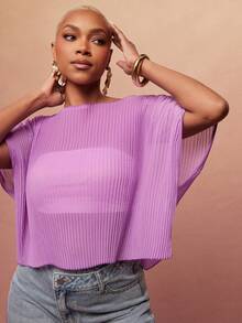 Vixey Áo tay ngắn dáng suông, xếp ly mỏng bằng vải chiffon. - Màu tím hoa cà - Xem 2