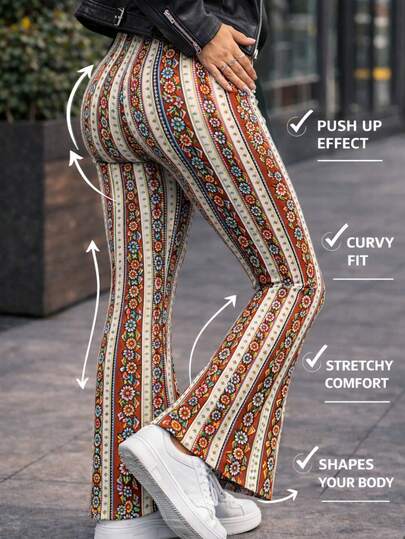 Leggins acampanados dama estampados estilo boho chic tiro alto moldeadores  elegante primavera verano outfit urbano casual oficina fiesta uso diario ajuste cómodo silueta estilizada pierna larga leggins flare mujer moderno sofisticado femenino