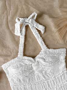 SHEIN 少女简约优雅白色立领无袖褶皱A字长连衣裙，适合日常通勤 - 白色 - 查看 5