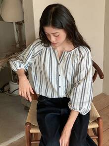 DAZY 少女条纹单排扣休闲百搭日常衬衫 - 黑與白 - 查看 1