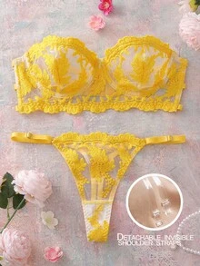 2件套黄色刺绣无钢圈抹胸文胸套装，配透明肩带 - 黃色 - 查看 6