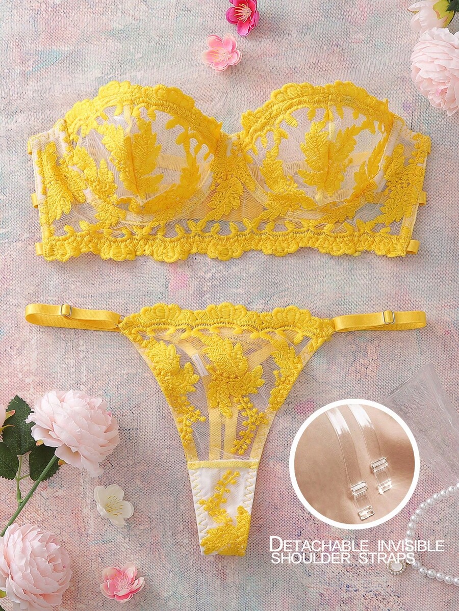 SHEIN 2pcs Yellow Embroidered Wire-Free Bandeau Bra Set With Sheer Straps - Yellow - View 1