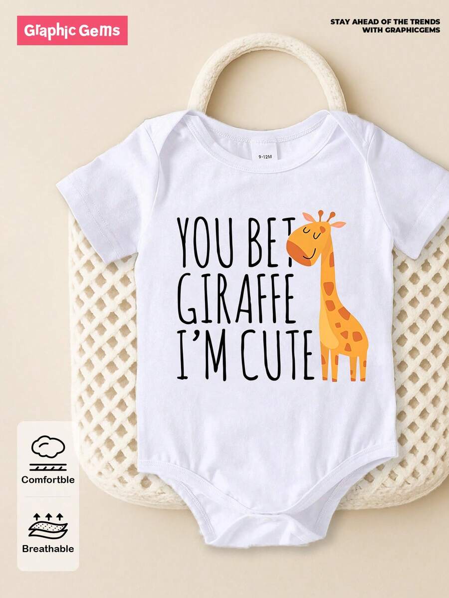 SHEIN Playful Pals 男婴休闲可爱简约卡通长颈鹿标语印花短袖连体衣，夏季新款印花连体衣 - 白色 - 查看 1