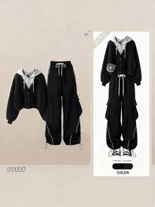 Sweetra Plus Size Women Dark Style 2 In 1 Top & Pants Set - Multicolor - View 1
