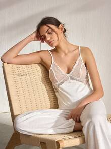 Ocili Conjunto de ropa de estar en casa informal con top de camisola de encaje y pantalones de pierna ancha para mujer - Blanco - Ver 2