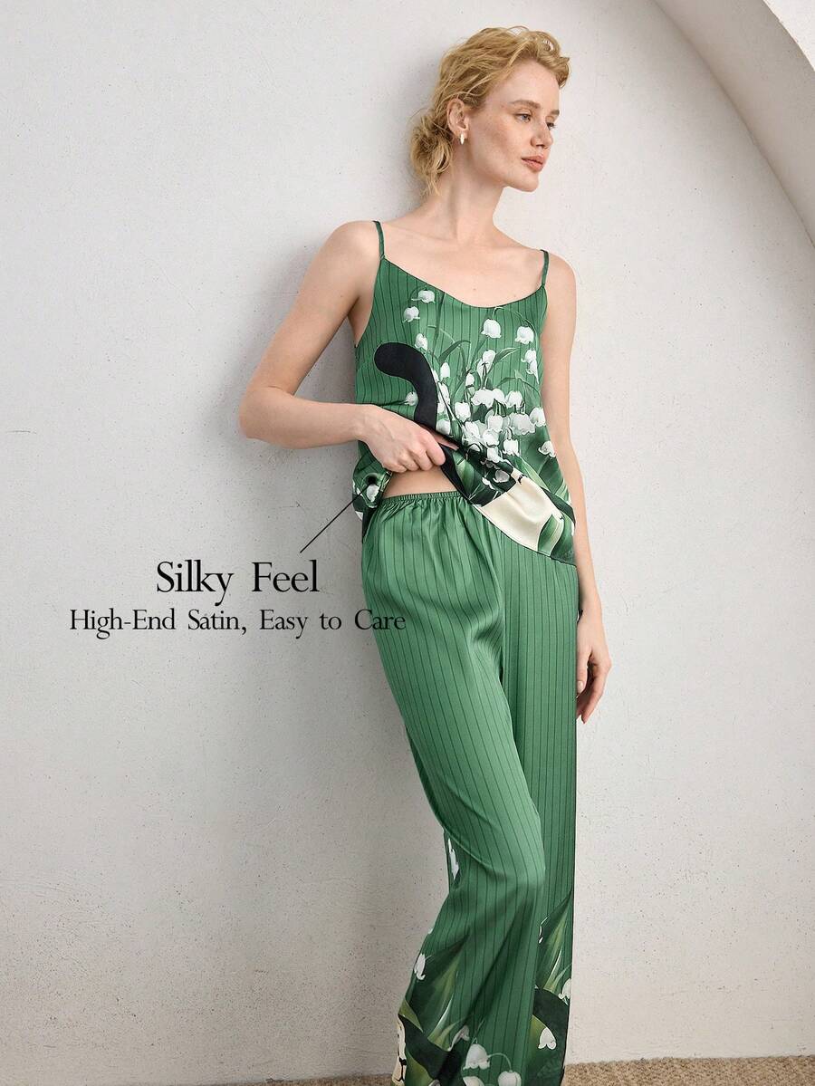 Ocili 两件套波西米亚风缎面豹纹蕾丝简约垂褶领吊带背心和裤子舒适女士睡衣套装 - 墨綠色 - 查看 1