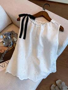 GlowEve Camisa sin mangas con empuñadura de lazo y bordado floral, casual de verano - Blanco - Ver 1