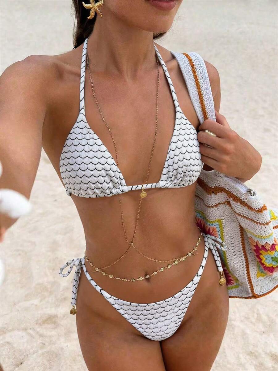 Swim Vcay Conjunto de bikini de mujer con cuello de halter, decoración de metal y tela de jacquard, para verano - Blanco y Negro - Ver 1