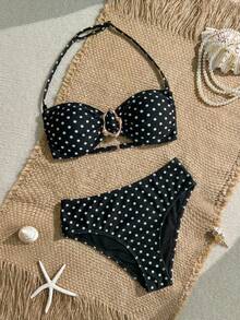 SHEIN 儿童少女夏季黑色波点印花无肩带系带金属饰品比基尼套装，适合夏季穿着，泳装套装/沙滩女孩装/两件式泳衣/青少年泳装比基尼套装，黑色波点两件式泳衣，波点泳衣，波西米亚挂脖比基尼，黑色波点比基尼，波点泳装，抹胸比基尼 - 黑與白 - 查看 3
