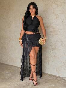 Rustia 低腰迷你裙，西部风情，度假风，夏季女装，沙滩女装，春夏小众设计不规则雪纺提花镂空系带低腰高腰性感深色纯色纹理面料半身裙，不规则下摆透视雪纺镂空拼接针织紧身打底裤，不规则下摆半身裙，垂坠百搭长裙 - 黑色 - 查看 1