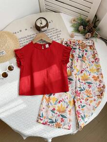 LMoss Kids 2件套女婴纯色荷叶边领上衣和宽松碎花裤套装 - 紅色 - 查看 3