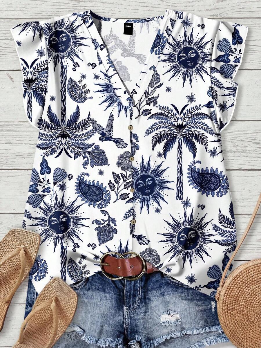 Rusticease 女士蓝白椰树太阳度假印花V领短袖修身衬衫，海边度假休闲衬衫，适合约会、郊游、散步、周年纪念等场合 - 彩色 - 查看 1