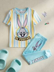 LOONEY TUNES X SHEIN 小男孩極簡圖案印花T恤短褲套裝 - 彩色 - 查看 1