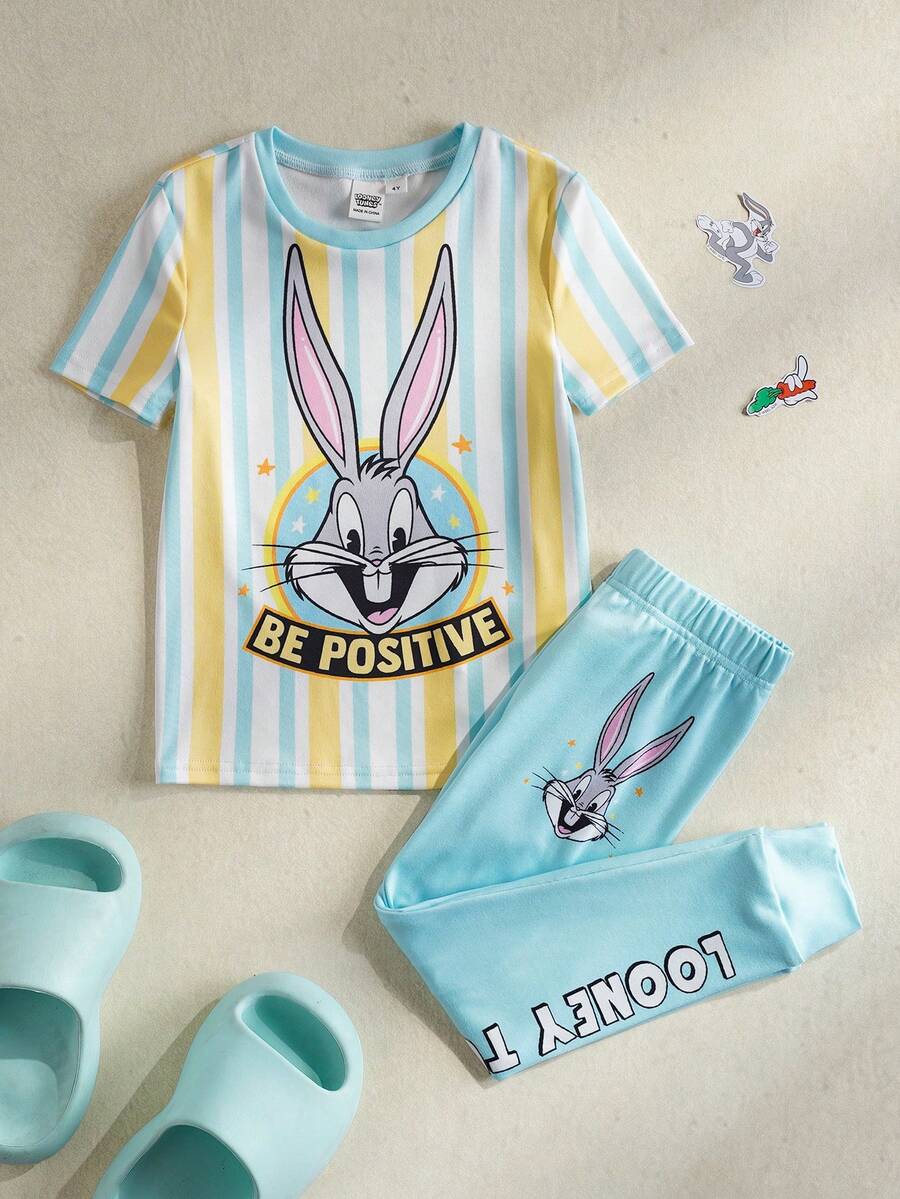 LOONEY TUNES X SHEIN 小男孩極簡圖案印花T恤短褲套裝 - 彩色 - 查看 1