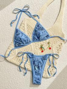 Bonvoyette 夏季新款纯色奢华刺绣亮片闪亮病毒式派对下午茶性感高衩侧系带比基尼两件套泳衣套装（女款） - 藍色 - 查看 2