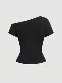 ROMWE Grunge Punk Áo thun nữ dáng ôm, thiết kế lệch vai, in chữ, kiểu dáng gợi cảm phong cách Y2K. - Đen và trắng - Xem 2