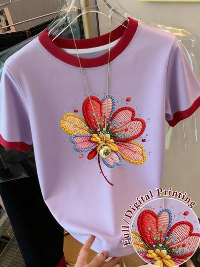 Resyla 大码女式圆领撞色滚边花卉图案休闲日常短袖T恤